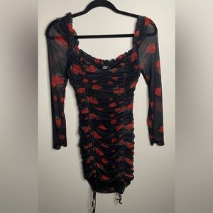 Tiger Mist Red Rose Floral Black Long Sleeve Mesh Ruched Mini Dress